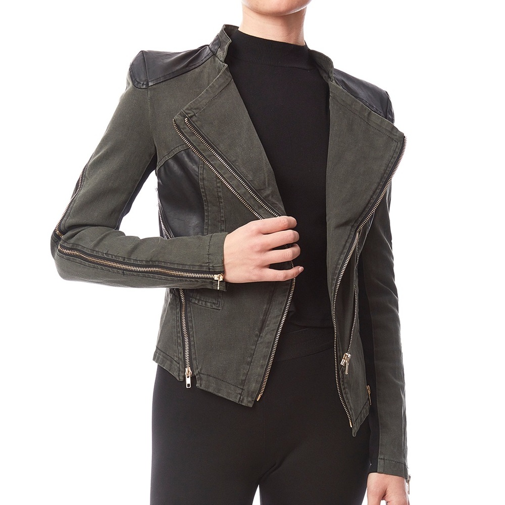 Comme olive green faux leather trim zipper details